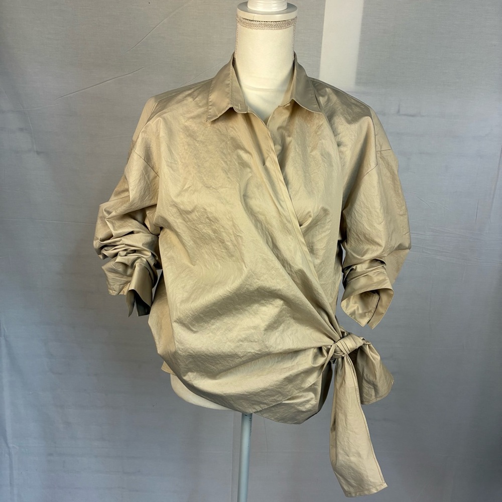 NWT Zara Ruched Sleeve Poplin Wrap Blouse Light Tan L - Picture 2 of 10
